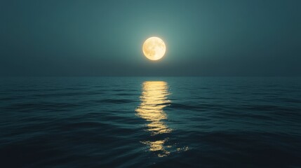 A serene night scene featuring a full moon reflecting on calm ocean waters under a dark sky.