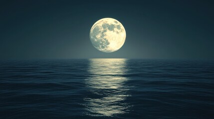 A full moon shines brightly over a calm ocean, reflecting softly on the water's surface under a darkened sky.