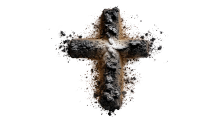 Ash Wednesday Cross: A somber yet powerful image depicting a cross formed from ash and dust against a white background, symbolizing reflection, penance, and spiritual journey.