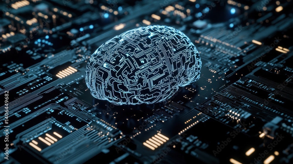 Poster a digital representation of a brain made from circuit patterns, symbolizing artificial intelligence 