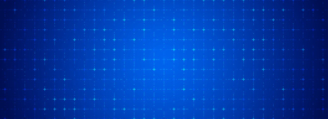 Blue glowing grid background. Cross dots tech square network backdrop. Abstract checkered dashboard pattern for science, technology, business, healthcare, medicine design template. Vector wallpaper