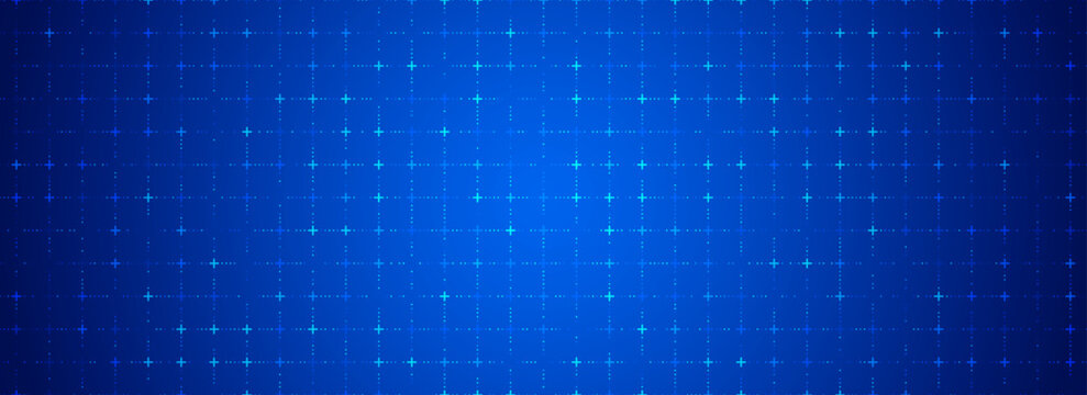 Blue glowing grid background. Cross dots tech square network backdrop. Abstract checkered dashboard pattern for science, technology, business, healthcare, medicine design template. Vector wallpaper