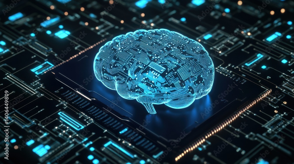 Poster a digital illustration depicting a glowing brain composed of circuit patterns, symbolizing the inter