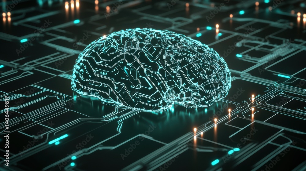 Poster a digital illustration of a brain made from circuit patterns, symbolizing the intersection of techno