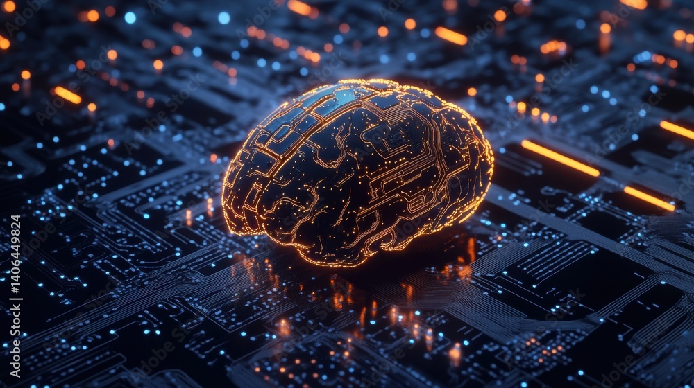 Poster a digital brain illuminated with circuitry, symbolizing the intersection of technology and artificia
