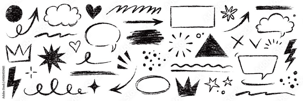 Fototapete Arrow line hand drawn brush sketch element set. Grunge square, heart, arrow element scribble line brush hand drawn sketch design. Texture abstract chalk, crayon pencil style. Vector illustration