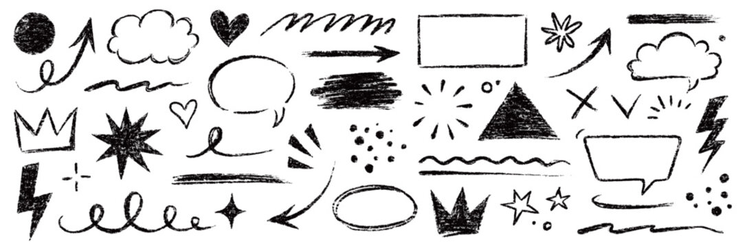 Arrow line hand drawn brush sketch element set. Grunge square, heart, arrow element scribble line brush hand drawn sketch design. Texture abstract chalk, crayon pencil style. Vector illustration