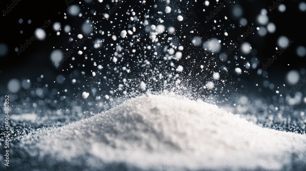 Poster a close-up of fine white powder being dispersed, creating a dynamic effect with particles suspended 
