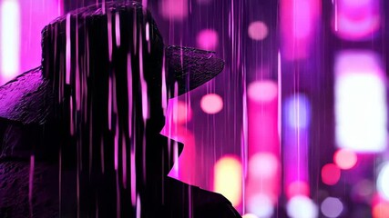 A mysterious silhouette stands under pouring rain, illuminated by vibrant neon lights of a bustling city, creating a captivating urban atmosphere.