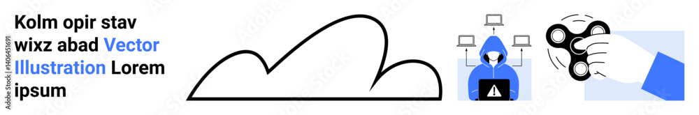 Poster cloud network icon, masked hacker accessing system, and user hand interacting with a token device. i