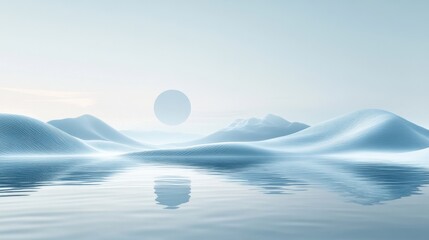 A serene, minimalistic landscape featuring gentle hills, a calm water surface, and a soft sun, encapsulating tranquility and harmony.