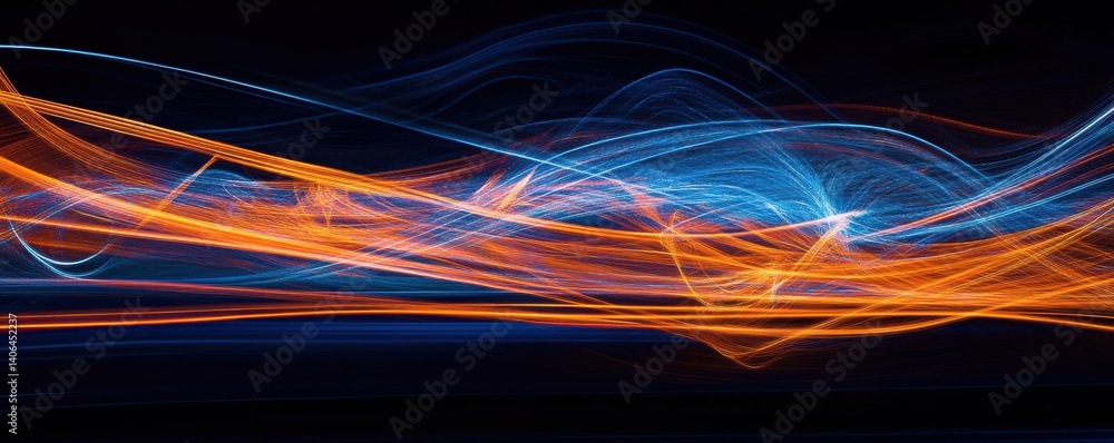 Poster abstract art: dynamic interplay of orange and blue light trails creating a mesmerizing visual sympho