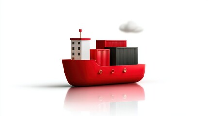 Striking red boat carries black and white container across tranquil waters red