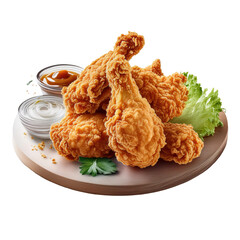 Crispy Fried Chicken Drumsticks with Sauces and Fresh Greens on a Wooden Platter on transparent background