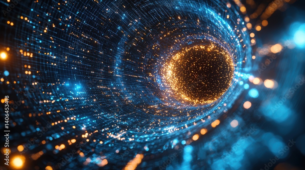 Poster a mesmerizing digital vortex filled with glowing particles and vibrant colors, suggesting depth and 
