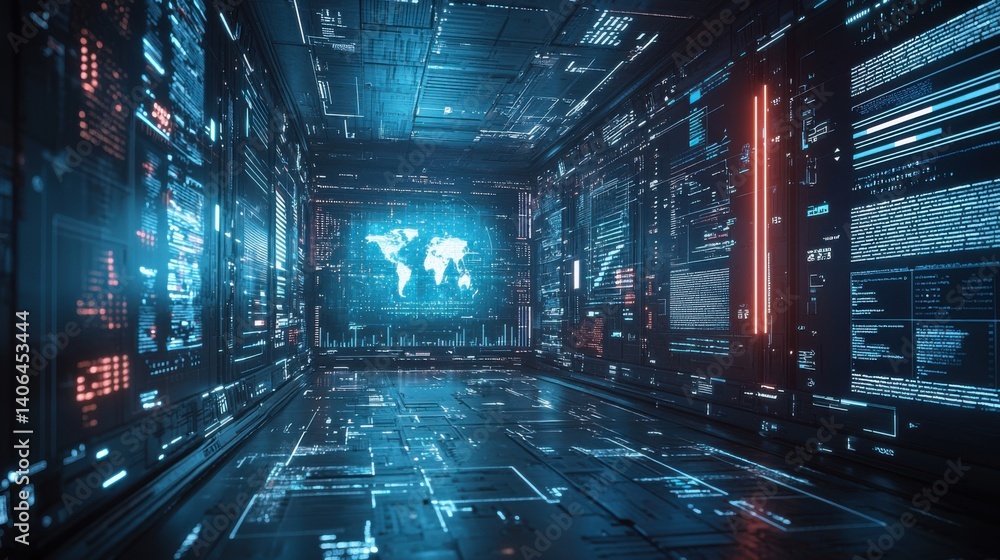 Poster a futuristic digital environment featuring glowing interfaces, data displays, and a world map, creat