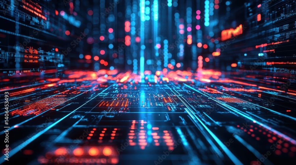 Poster a vibrant, futuristic digital landscape featuring illuminated lines and nodes, representing advanced