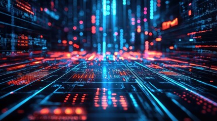 Fototapeta premium A vibrant, futuristic digital landscape featuring illuminated lines and nodes, representing advanced technology and data flow.