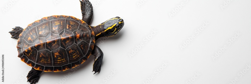 Poster Captivating top-down view of a turtle with an intricate patterned shell against a minimalist white background
