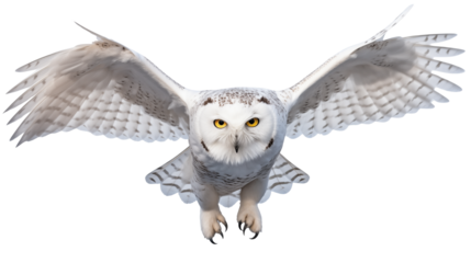 A snowy owl flying with wings spread on a transparent background
