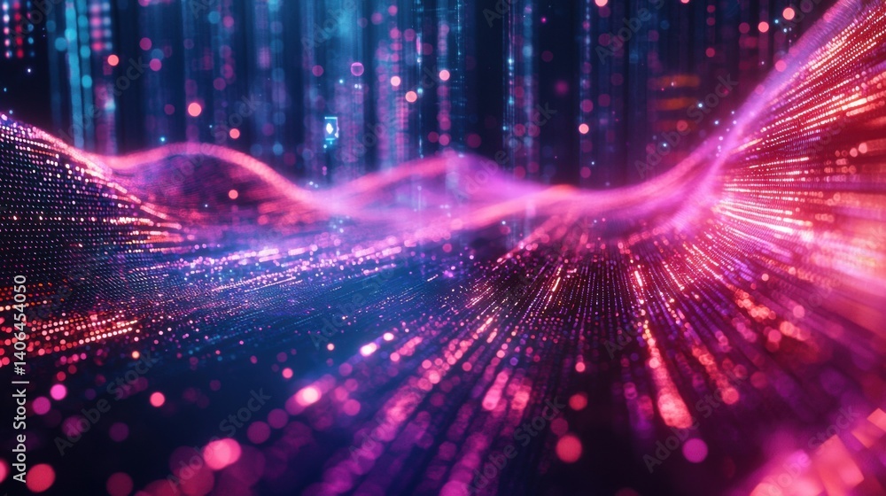 Poster a vibrant digital landscape featuring flowing waves of light and color, creating a mesmerizing abstr
