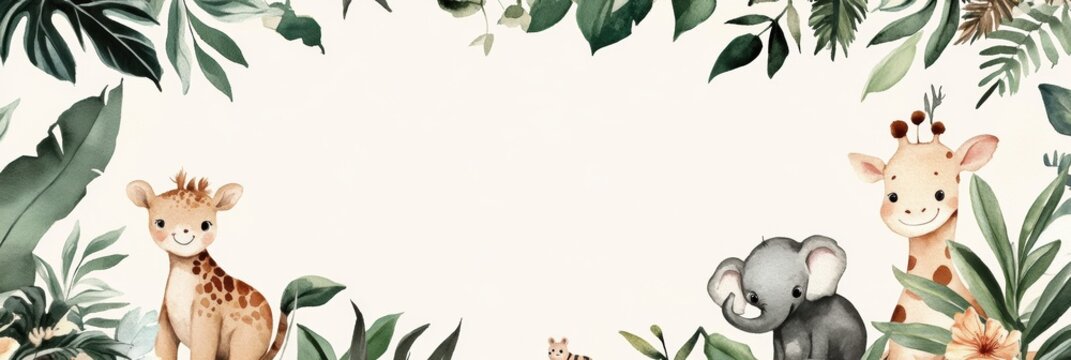 Charming watercolor jungle animals surrounded by lush foliage create a serene atmosphere for a minimalistic baby theme