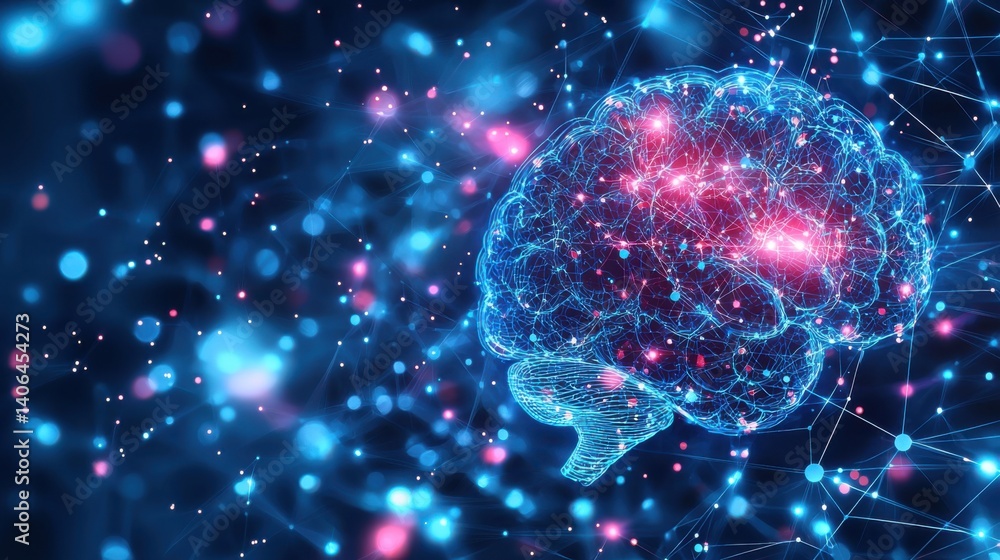 Poster a vibrant digital representation of a brain, interconnected with glowing nodes, symbolizing neural c