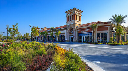 Modern shopping center with clean landscaping and vibrant plants