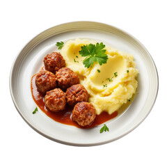 Savory Meatballs with Creamy Mashed Potatoes and Gravy on a Plate on transparent background