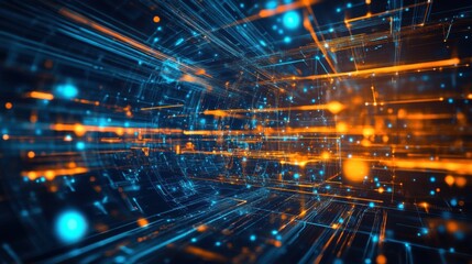 A vibrant abstract design featuring blue and orange lines and dots, simulating a futuristic digital environment or data stream.