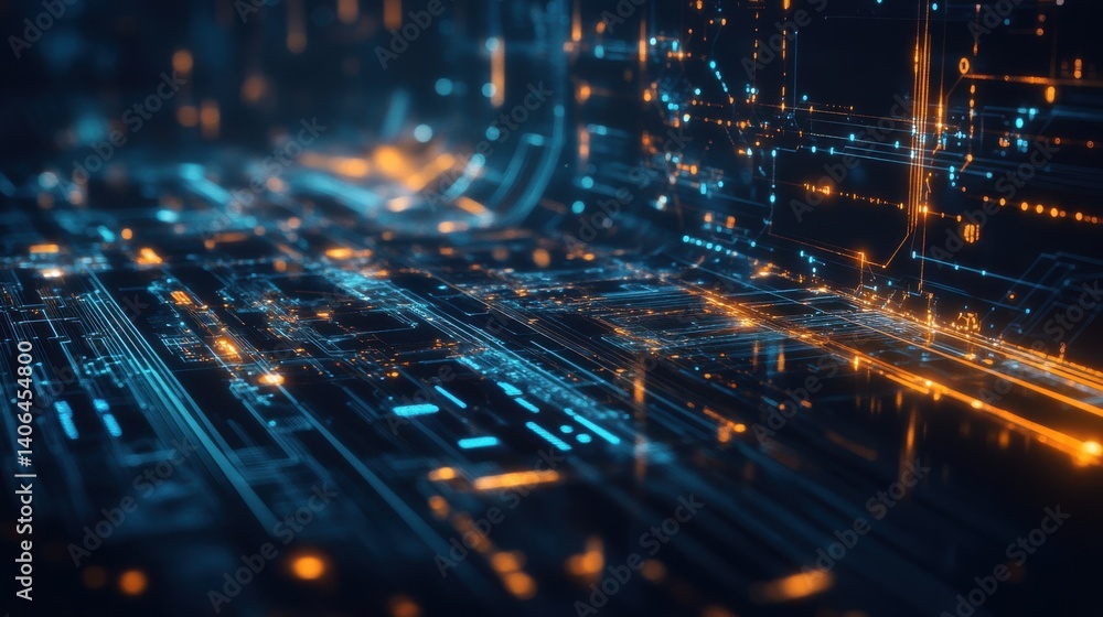 Poster a vivid digital landscape featuring intricate lines and glowing circuits, representing advanced tech