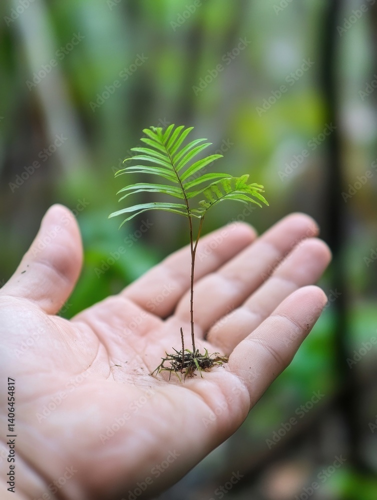 Poster Tiny tree nurtured in an open palm symbolizes commitment to nature and environmental protection during a tranquil moment in the forest