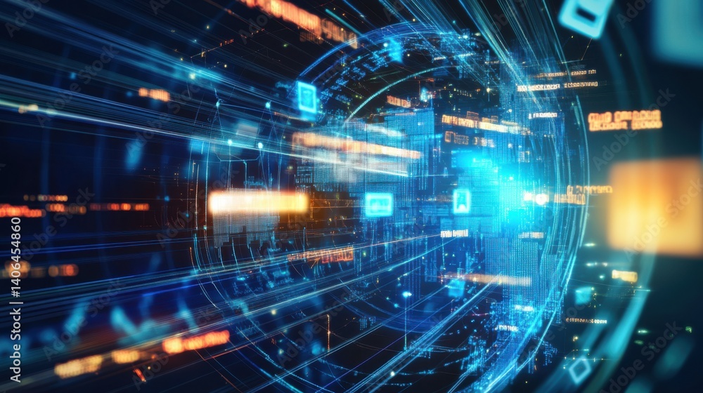 Poster a futuristic digital network image depicting vibrant blue data streams and geometric shapes conveyin
