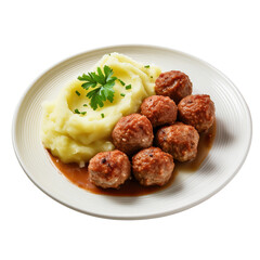 Delicious homemade meatballs served with creamy mashed potatoes and garnished with parsley on transparent background