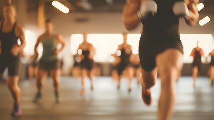 A fast-paced boxing workout session shows a group of crossfit athletes alternating between punching combinations and core exercises. The lighting is stark and industrial, with high ceilings and fans