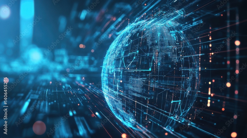 Poster a futuristic digital representation of a globe, surrounded by dynamic data streams and glowing lines