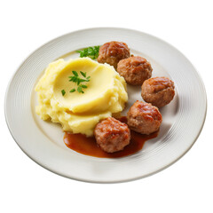 Delicious Meatballs with Creamy Mashed Potatoes and Gravy on a White Plate on transparent background
