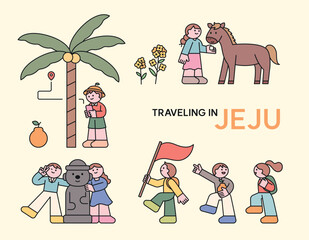 Cute flat illustrations of Jeju Island travel: Dol hareubang, horses, palm trees, tangerines, canola flowers, and tourists exploring.