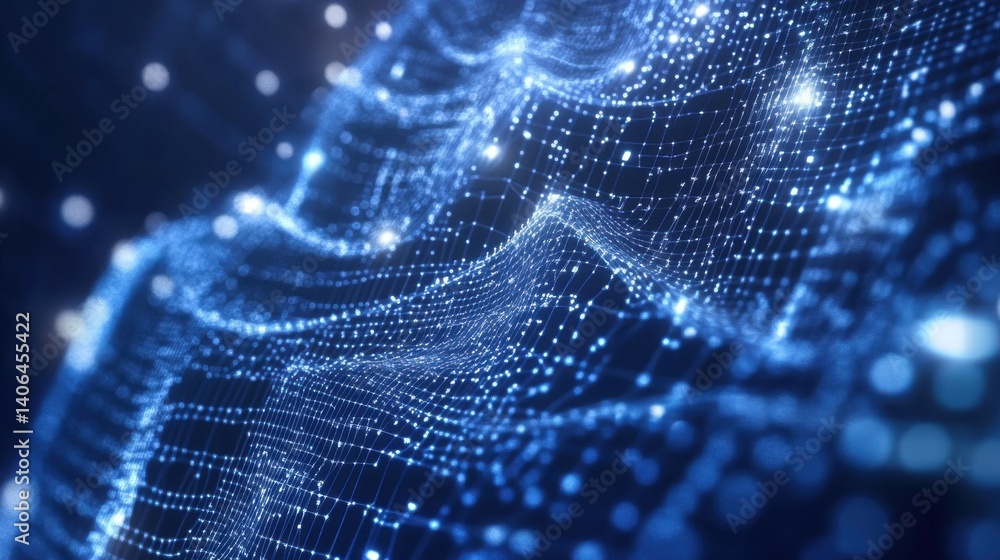 Poster a mesmerizing digital landscape of interconnected blue nodes and lines, symbolizing data flow and co