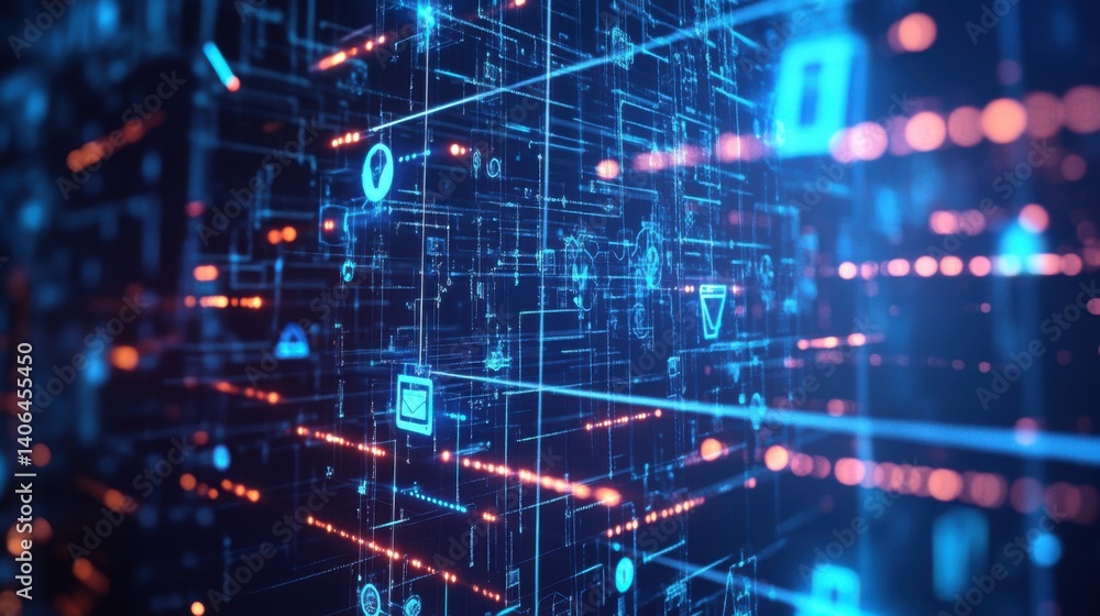 Poster a vibrant digital network with interconnected lines and glowing icons, representing technology and d