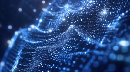 A mesmerizing digital landscape of interconnected blue nodes and lines, symbolizing data flow and connectivity in a virtual environment.