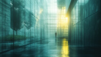 A solitary figure stands in a modern, glass-walled corridor, with soft light illuminating the misty atmosphere and reflections on the wet ground.
