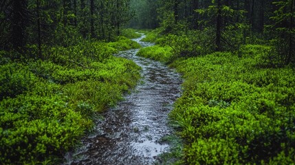Fototapeta premium Tranquil stream in lush green forest serene nature landscape photography