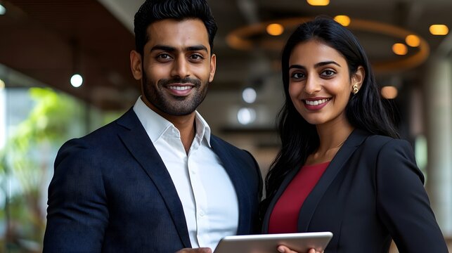 Smiling Indian business partners holding digital tablet, dressed in modern business casual clothing, team collaboration in office.