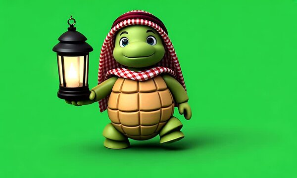 Cartoon turtle wearing a traditional Arab headdress and holding a lantern