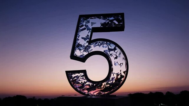 Tracking video of an ethereal glass number five with deep contrasts, cinematic lighting, twilight sky background, floating glass shards