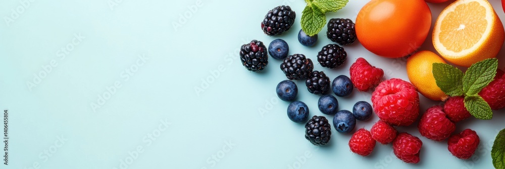 Fototapete fresh fruits and berries arranged beautifully on a soft pastel background with a minimal style creat