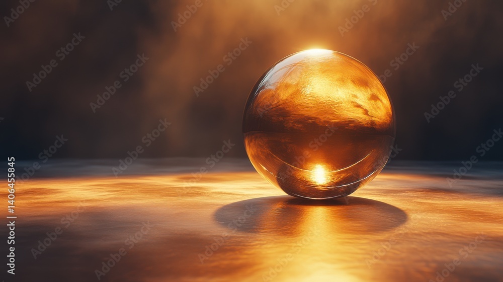 Poster a glowing sphere reflects warm colors, casting shadows on a smooth surface, creating a serene and ca