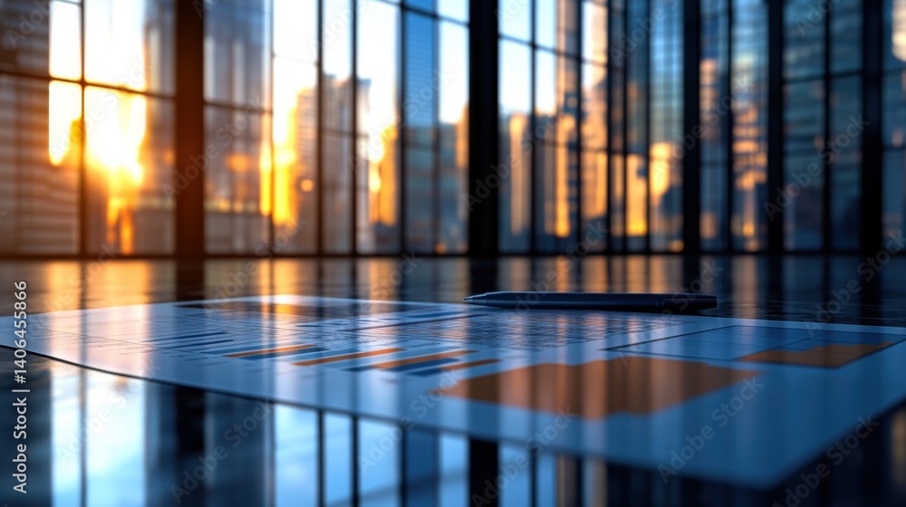 Poster a modern workspace with a view of a city skyline at sunset, featuring a document on a table and larg