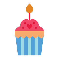 A cute and colorful cupcake with heart shaped sprinkles and a candle